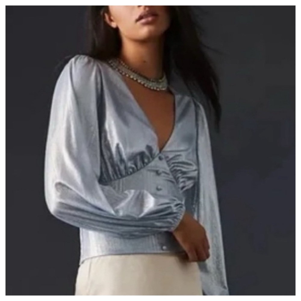 NWT LAST One Anthropologie Liquid Shine Blue Top Blouse, size M